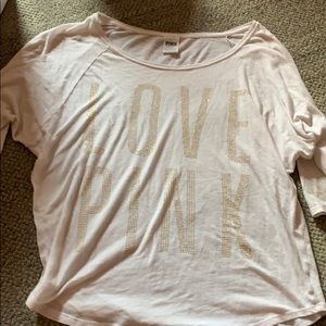 white 3/4 sleeve pink shirt